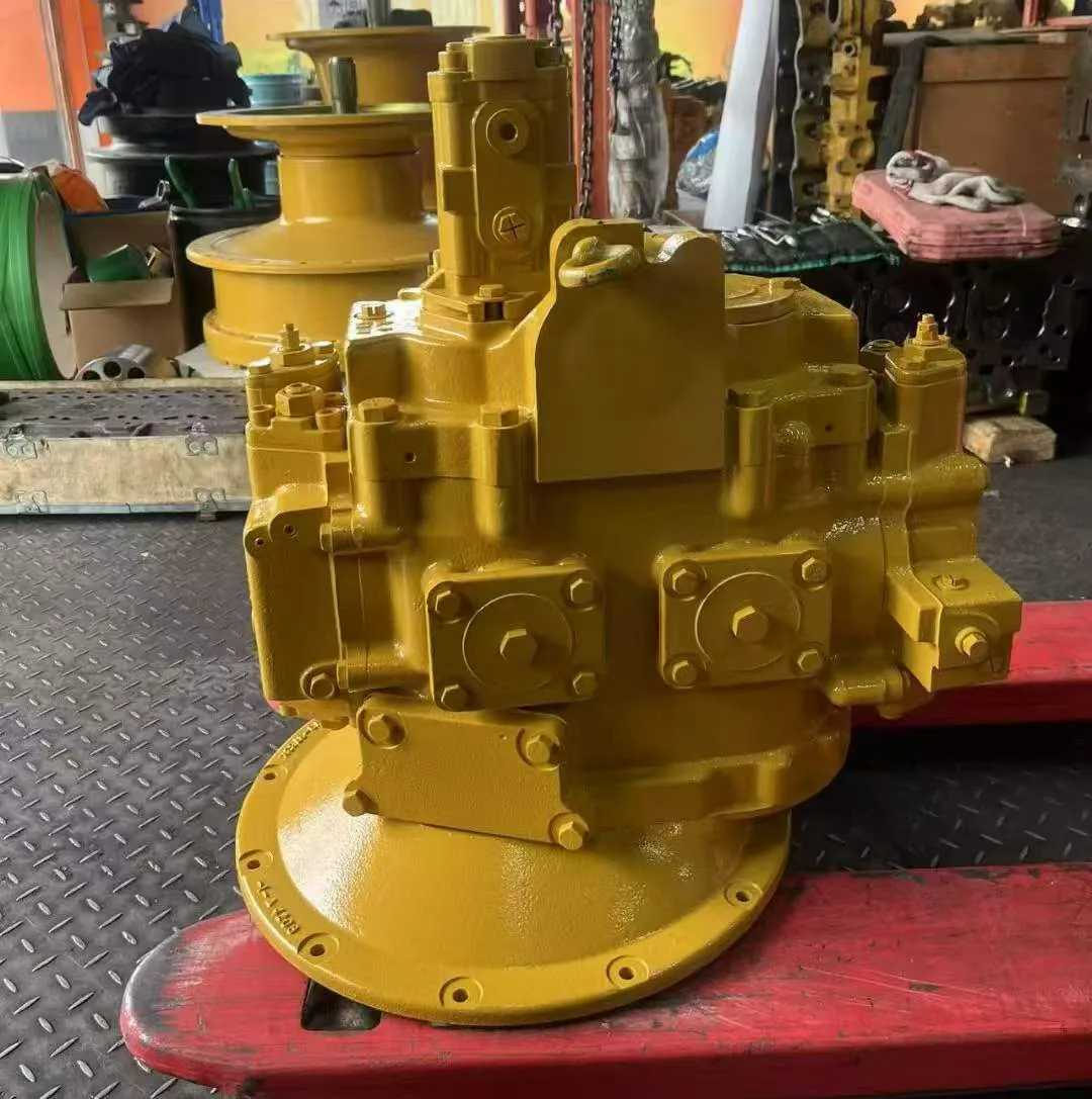 Hydraulic pump assembly photographed in a workshop