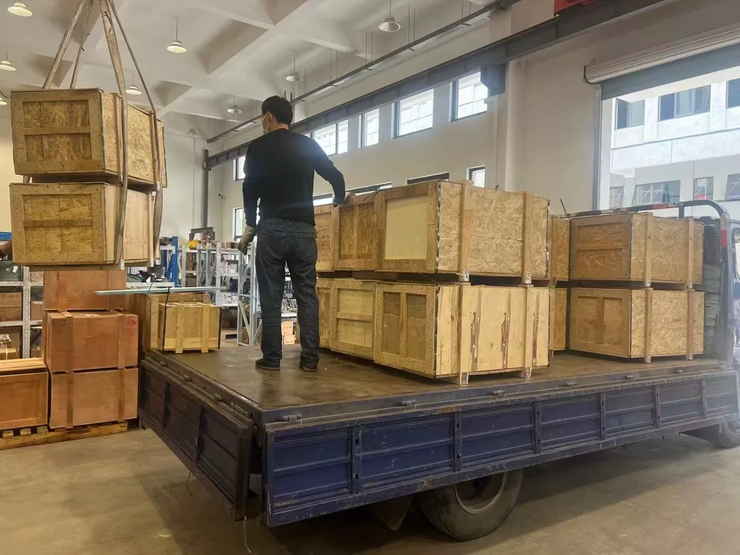 Wooden packing crates on a truck during loading